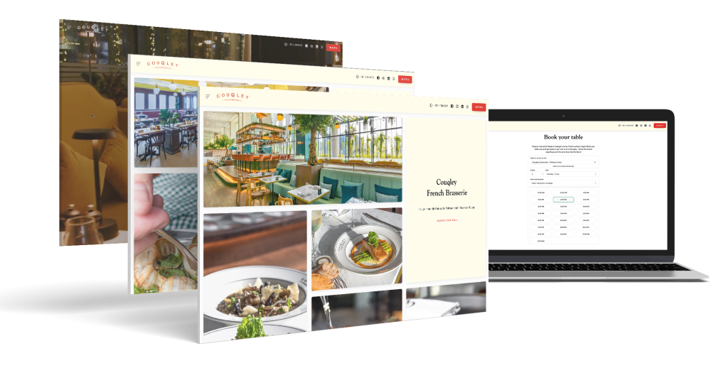 Pages from the new site, with the booking page on a laptop