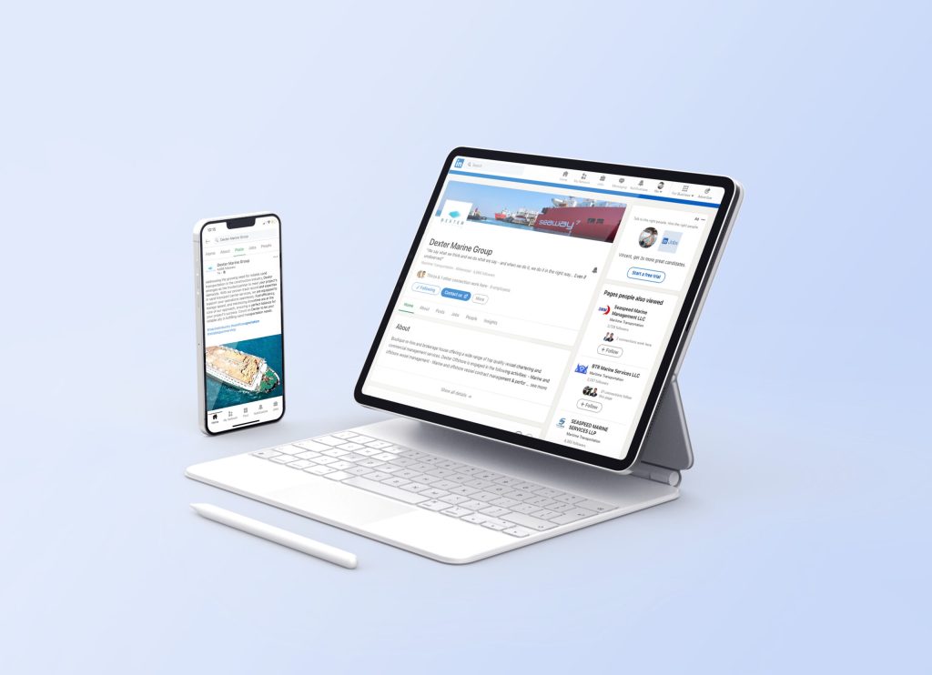 Dexter Marine Group’s LinkedIn page on a tablet and a phone