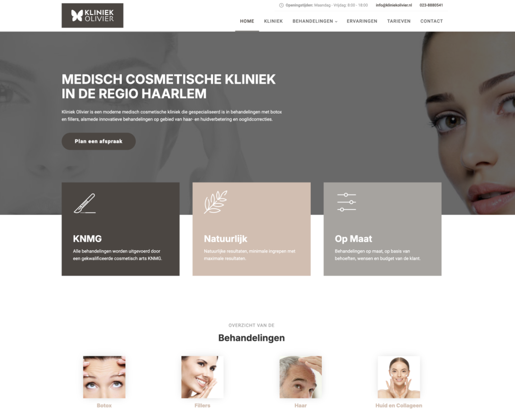 Kliniek Olivier website homepage with the butterfly logo, a Dutch headline and treatment categories.