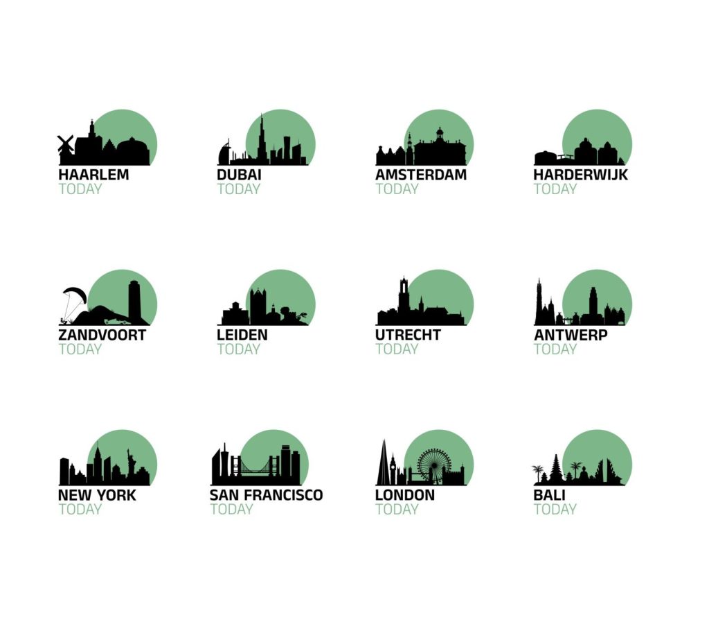 Twelve city logos, each a black skyline on a green circle