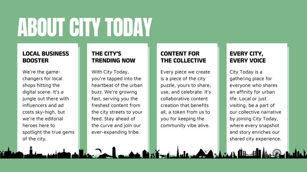 Brand book page titled About City Today with four text cards above a row of city skyline silhouettes.