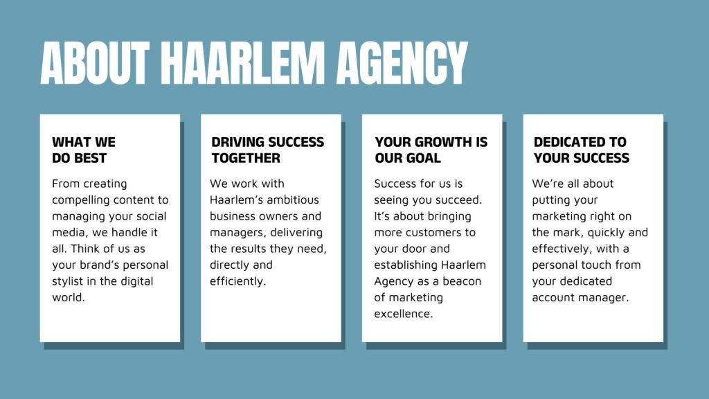 Brand book page titled About Haarlem Agency with four white text cards on a blue background.