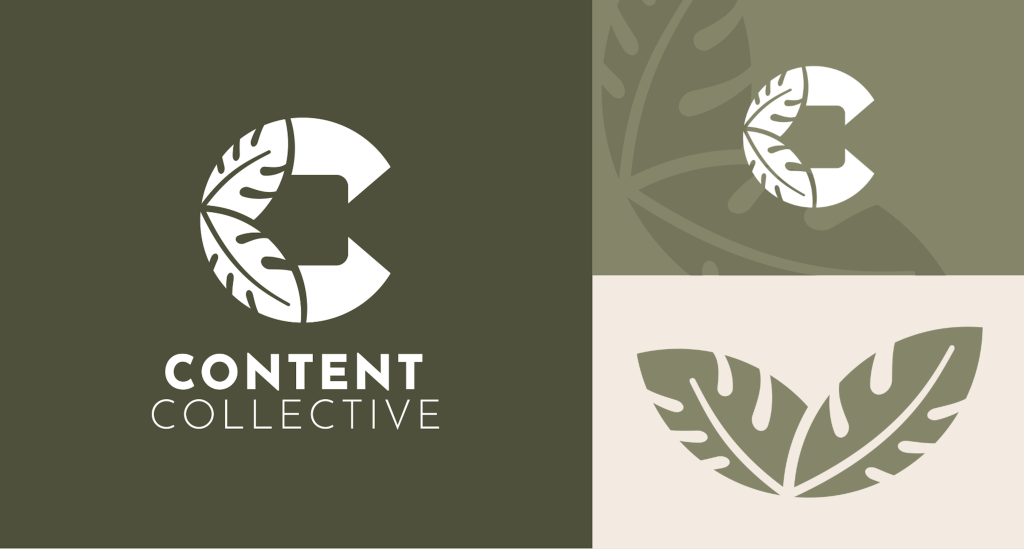The logo, monogram and leaf motif in olive green and cream